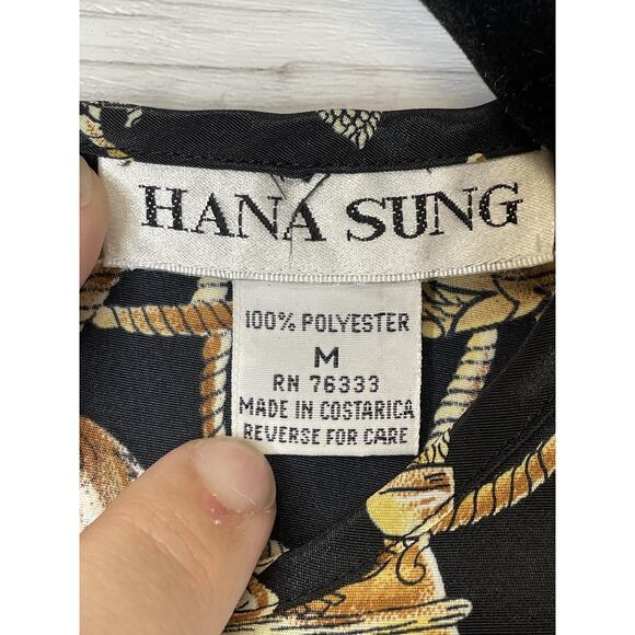 Hana Sung Blouse Womens Medium Black Gold Baroque Tassel Rope Print Short Sleeve - Picture 6 of 8